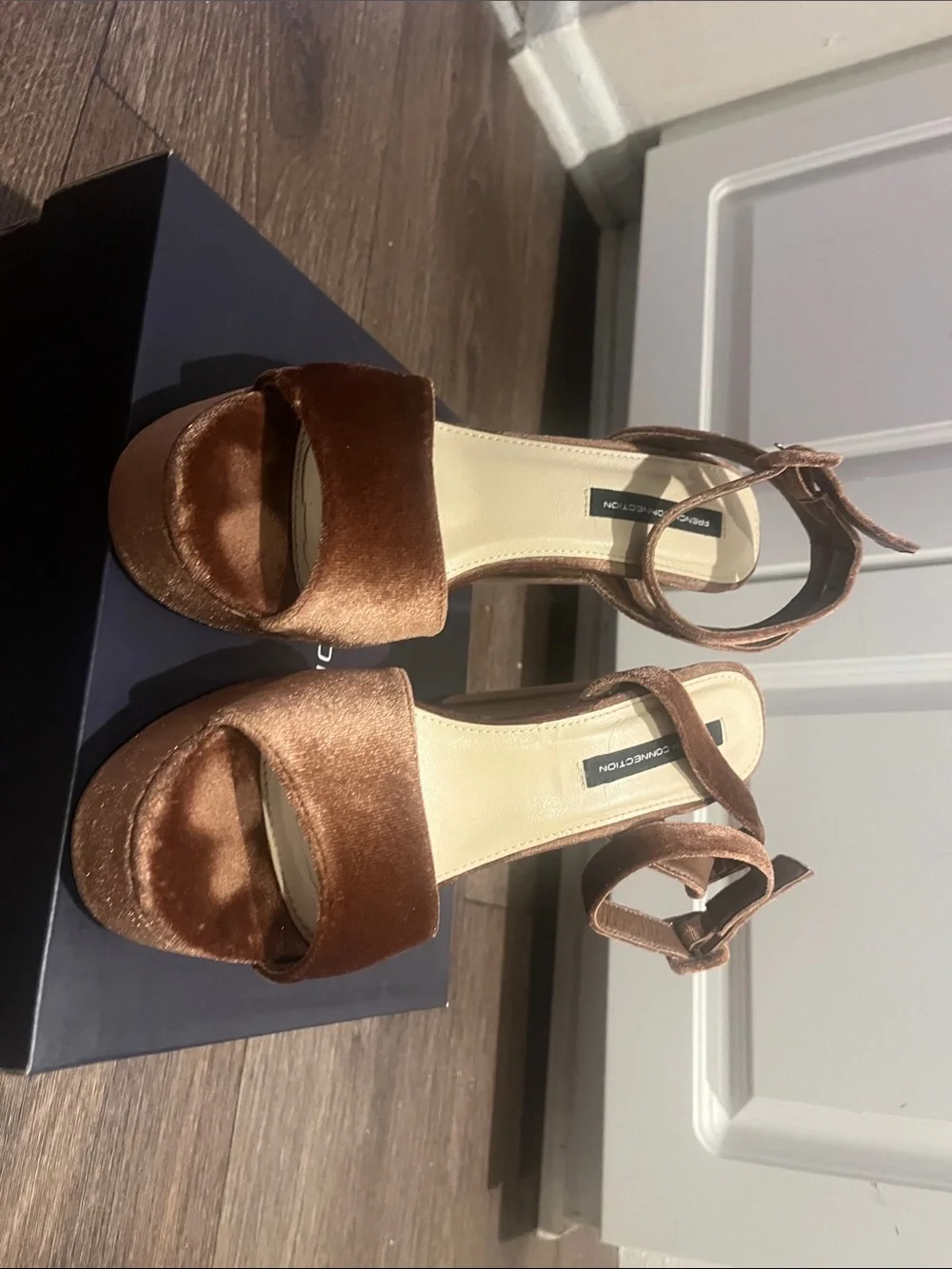 French Connection Copper Brown Velvet Block Heel Sandals with Ankle Strap